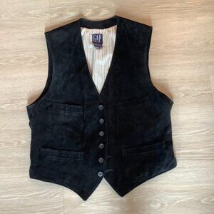 Vintage Gap Black Genuine Suede Leather Button Down Cinch Waist Vest Mens Size L